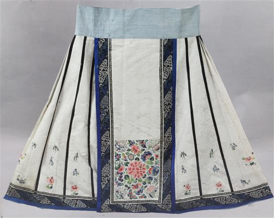 Three Chinese silk damask womens skirts, late 19th century, length 82 to 97cm, removable perspex cases (3)